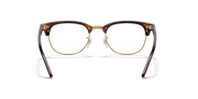 Front view of clubmaster eyeglass frames with dark tortoise front and gold hinges