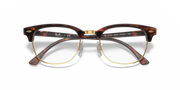 Clubmaster eyeglass frames in dark tortoise with gold bridge and logo detail