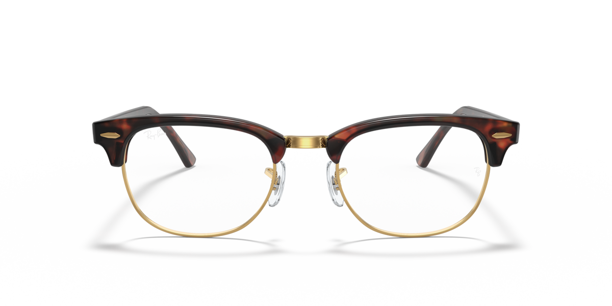 Clubmaster eyeglass frames in dark tortoise with gold metal bridge and temples