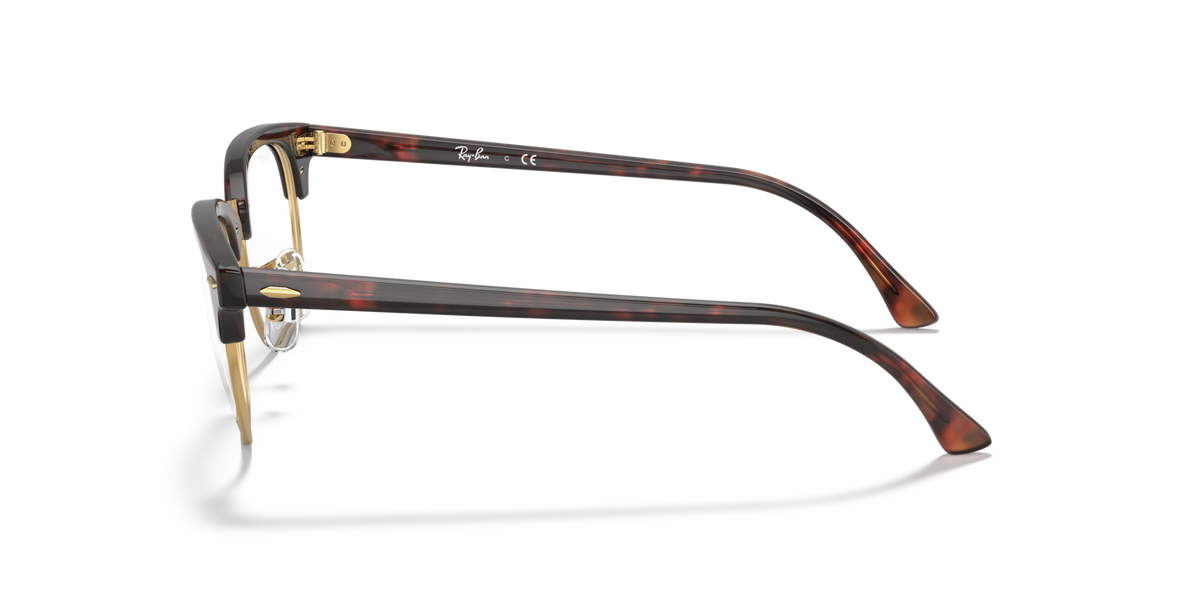 Side view of clubmaster eyeglass frames with dark tortoise acetate temples