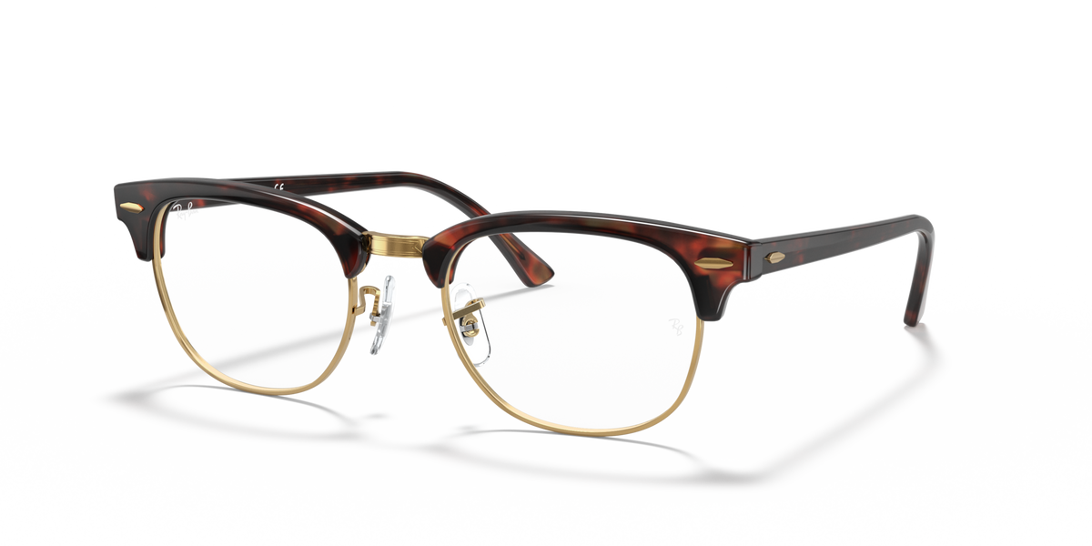 Clubmaster eyeglass frames with dark tortoise acetate and gold metal temples