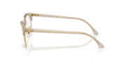 Gold-tone eyeglass frames from the side with clear lenses and hinges