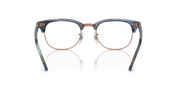 Blue eyeglass frames with brown accents and round prescription lenses
