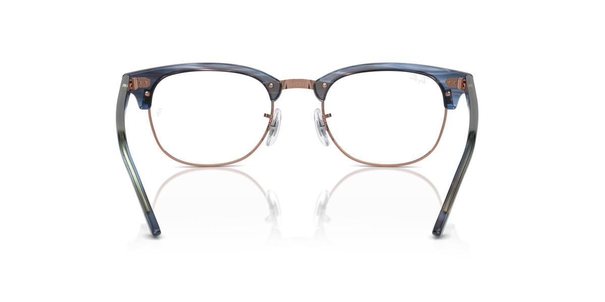 Blue eyeglass frames with brown accents and round prescription lenses