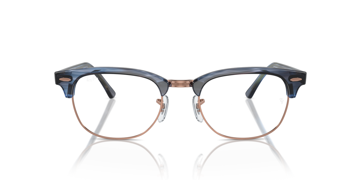 Dark blue and gold metal eyeglass frames with round prescription lenses