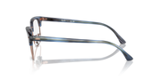 Blue metal eyeglass frames shown from the side with prescription lenses