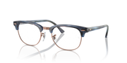 Blue and brown striped Clubmaster eyeglass frames with round clear lenses