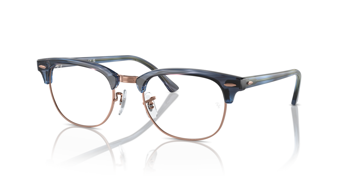 Blue and brown striped Clubmaster eyeglass frames with round clear lenses
