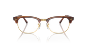 Brown eyeglass frames with gold metal detailing and round prescription lenses
