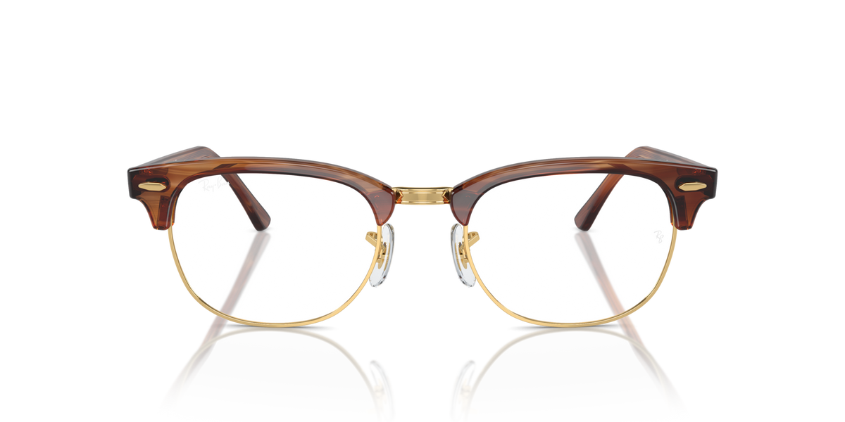 Brown eyeglass frames with gold metal detailing and round prescription lenses