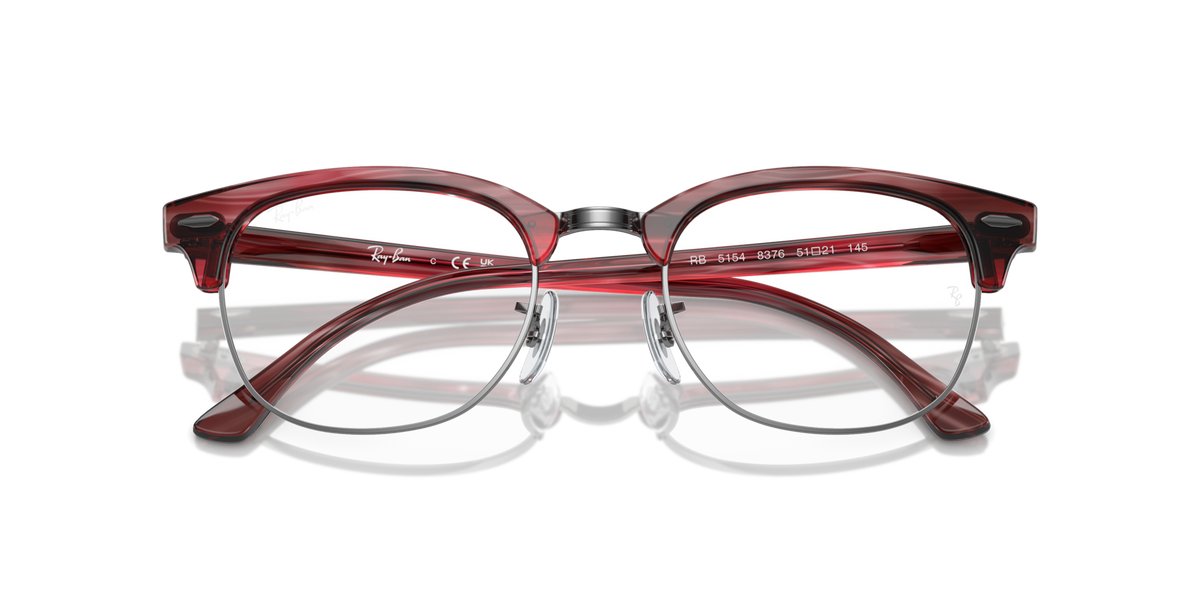 Ray-Ban Clubmaster Rx frames in red Havana, front close-up with brow bar