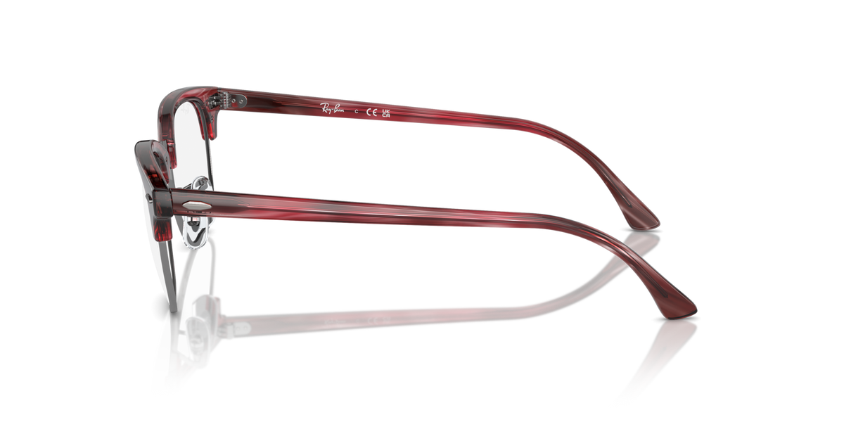 Ray-Ban Clubmaster Rx frames in red Havana, side profile with metal hinges