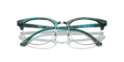 Ray-Ban Clubmaster Rx frames in teal green, front close-up with bridge detail
