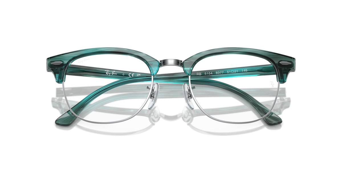 Ray-Ban Clubmaster Rx frames in teal green, front close-up with bridge detail