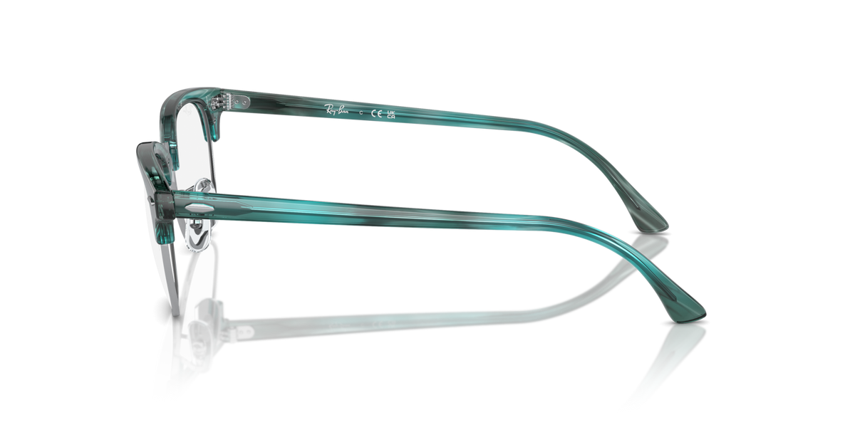 Ray-Ban Clubmaster Rx frames in teal green, side profile with metal temples