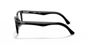Black prescription eyewear frames with logo temples, side view