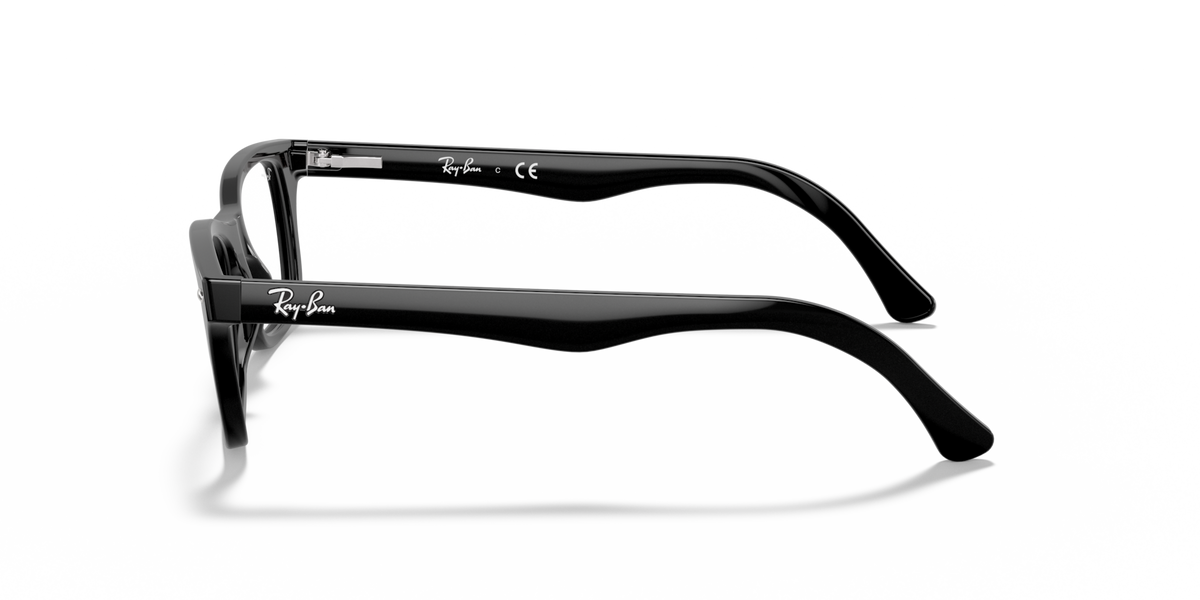 Black prescription eyewear frames with logo temples, side view