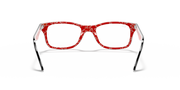 Prescription eyewear frames, red patterned front with clear lenses and translucent temples.