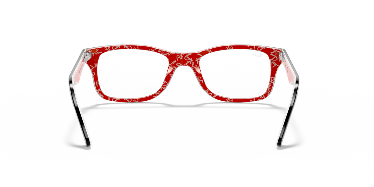 Prescription eyewear frames, red patterned front with clear lenses and translucent temples.