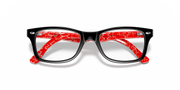 Prescription eyewear frames, black frame with bold red patterned inlays on the front.