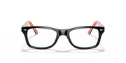 Prescription eyewear frames, black with clear lenses and red temple tips, front view.