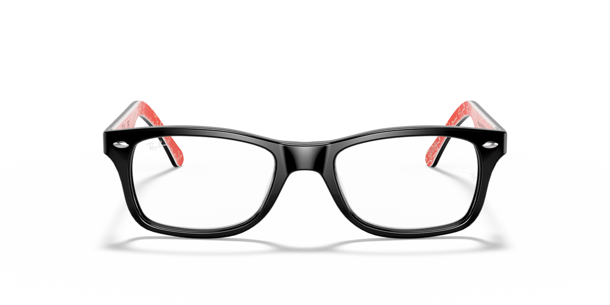 Prescription eyewear frames, black with clear lenses and red temple tips, front view.