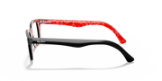 Prescription eyewear frames, black frame with red temple interior detail, side view.