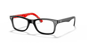 Prescription eyewear frames, black front with red temple accents and logo detailing.