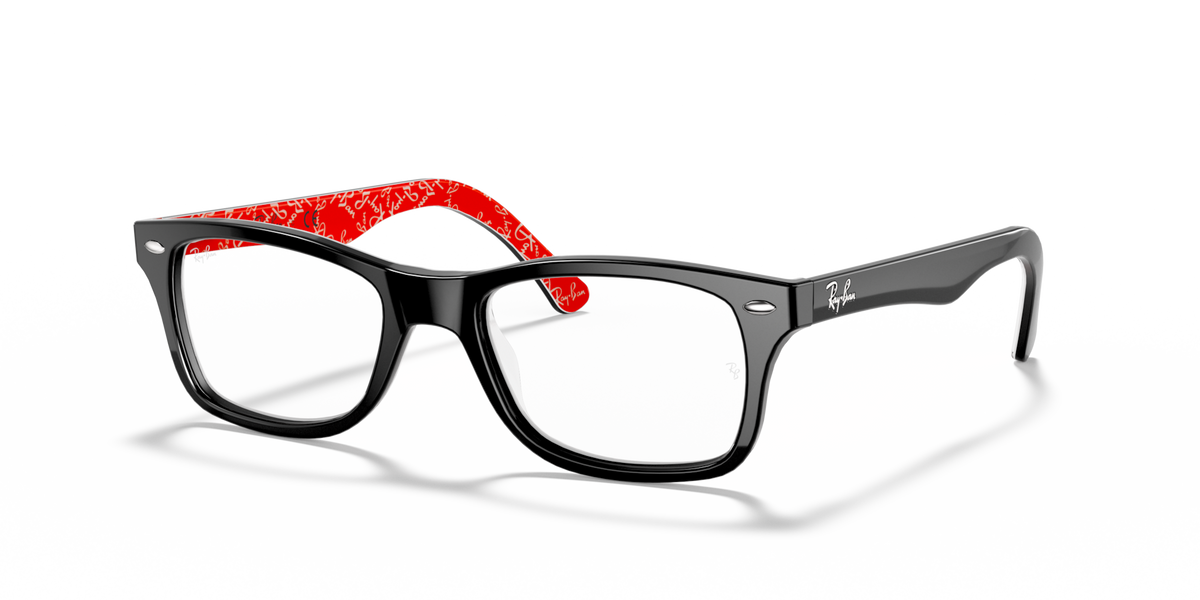 Prescription eyewear frames, black front with red temple accents and logo detailing.