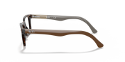 Prescription eyewear frames, brown translucent temples with metal-look bridge, side view.