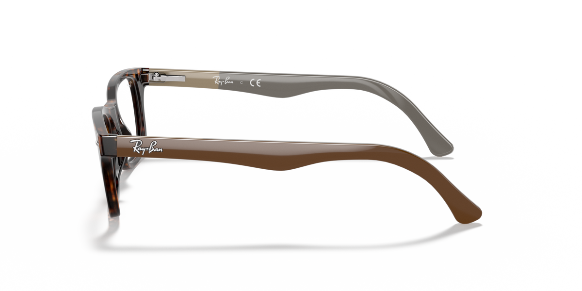 Prescription eyewear frames, brown translucent temples with metal-look bridge, side view.