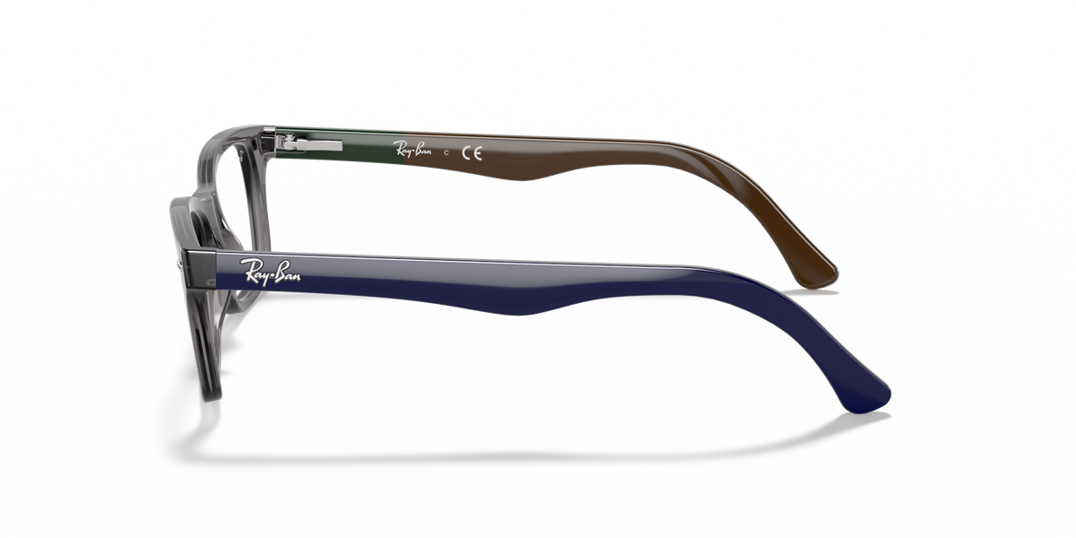 Ray-Ban prescription eyewear frames, dark frame with green and blue striped temples