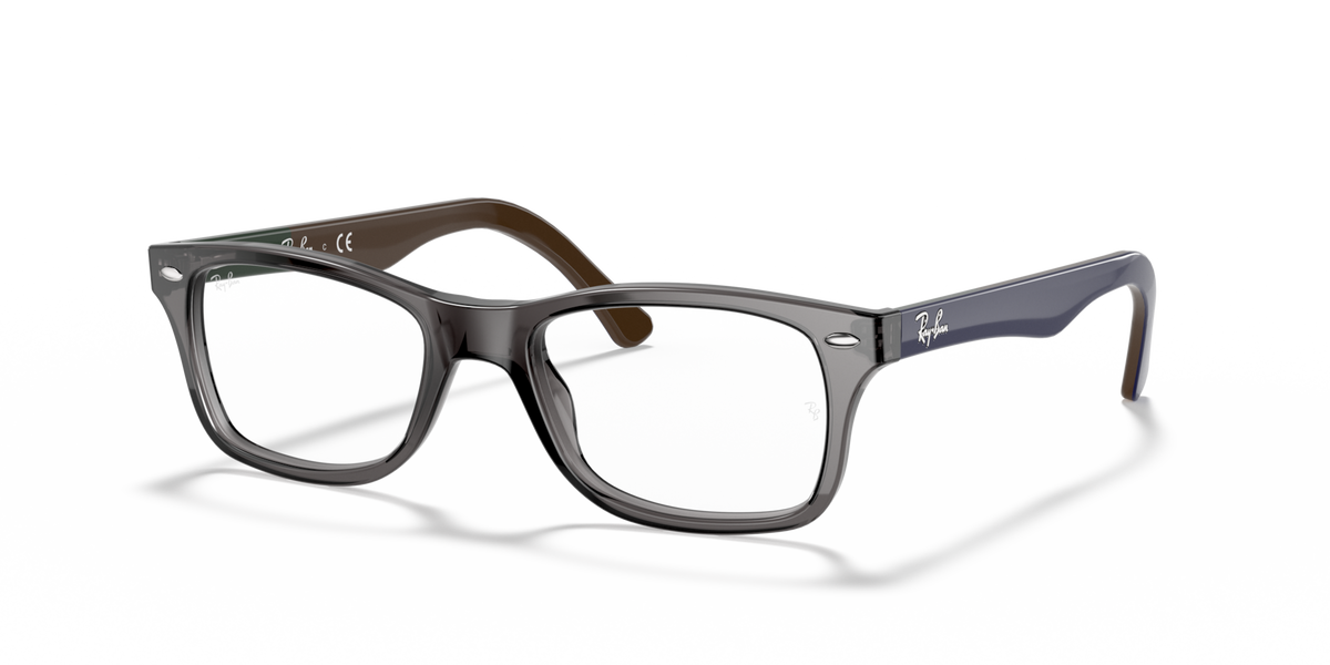 Ray-Ban prescription eyewear frames, dark gray with clear lenses and brown-tinted arms
