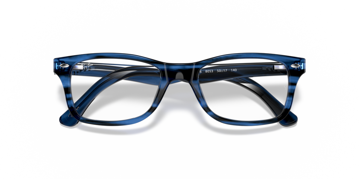 Ray-Ban prescription eyewear frames, translucent blue front with curved brow bar