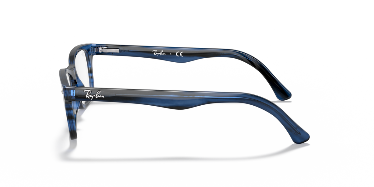 Ray-Ban prescription eyewear frames, side view in blue with curved temple arm