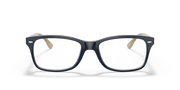 Dark blue prescription eyewear frames with gold-toned details and rectangular lenses, front view