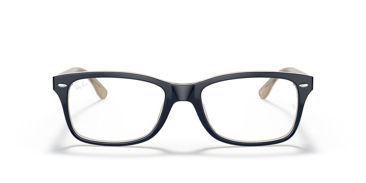 Dark blue prescription eyewear frames with gold-toned details and rectangular lenses, front view