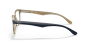 Prescription eyewear frames in dark blue with gold-toned temples, side profile