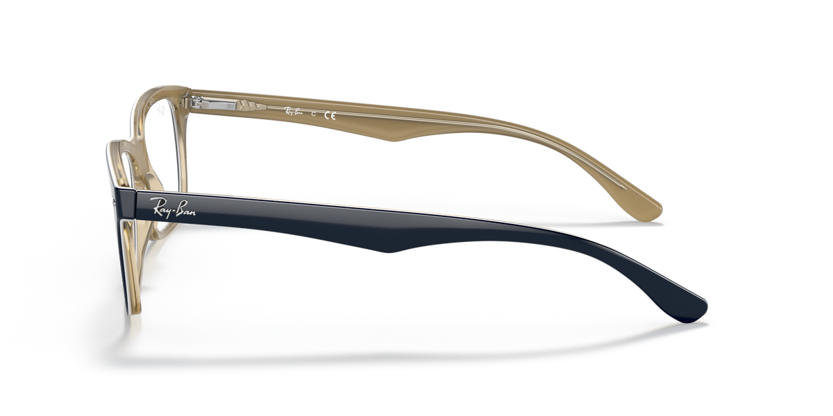 Prescription eyewear frames in dark blue with gold-toned temples, side profile