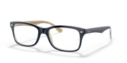 Dark blue prescription eyewear frames with gold-toned temple tips and rectangular lenses