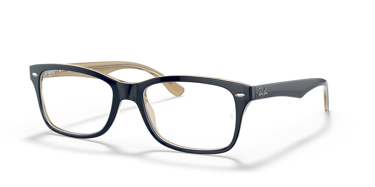 Dark blue prescription eyewear frames with gold-toned temple tips and rectangular lenses