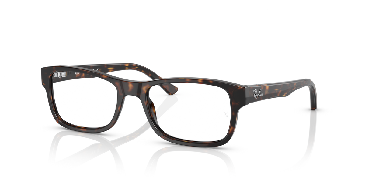 Ray-Ban prescription eyeglass frames, Havana brown rectangular design with clear lenses