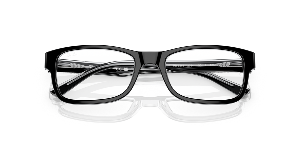 Ray-Ban prescription eyeglass frames, black rectangular front with reflective lens look
