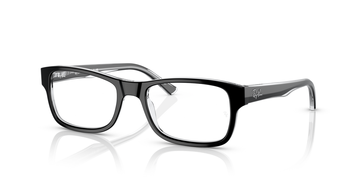 Ray-Ban prescription eyeglass frames, matte black rectangular design with clear lenses