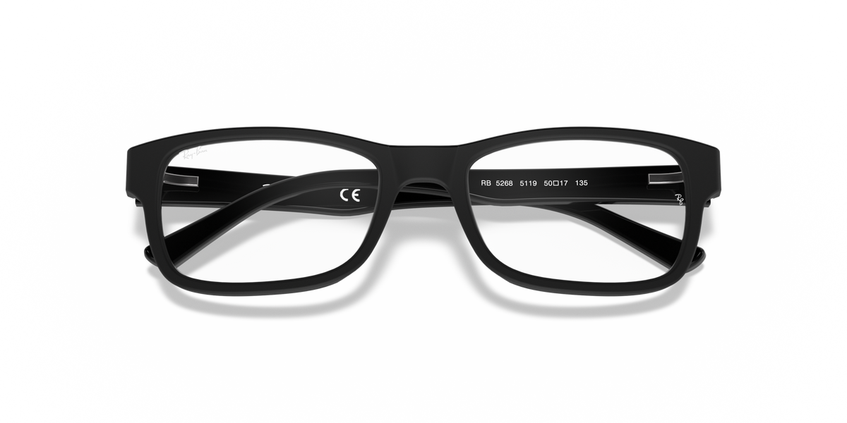 Black eyeglass frames with square lenses and Ray-Ban text on the temple
