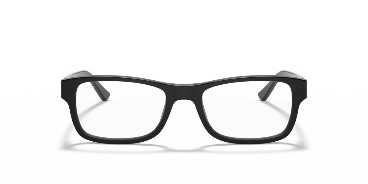 Black square eyeglass frames with thick front and Ray-Ban logo on temple