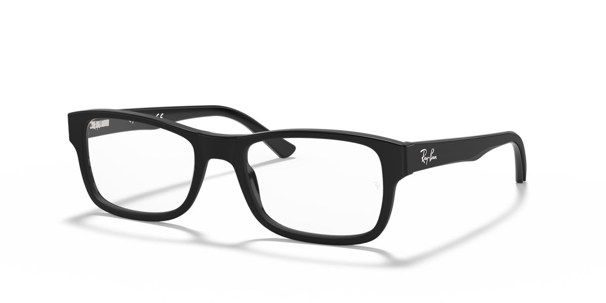 Matte black rectangular eyeglass frames with Ray-Ban logo on the temple