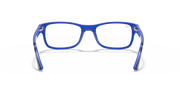 Blue square eyeglass frames with matching blue temples and front hinge