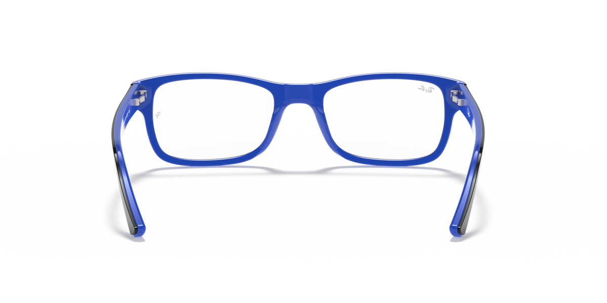 Blue square eyeglass frames with matching blue temples and front hinge
