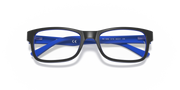 Two-tone eyeglass frames with dark rims and blue lens panels